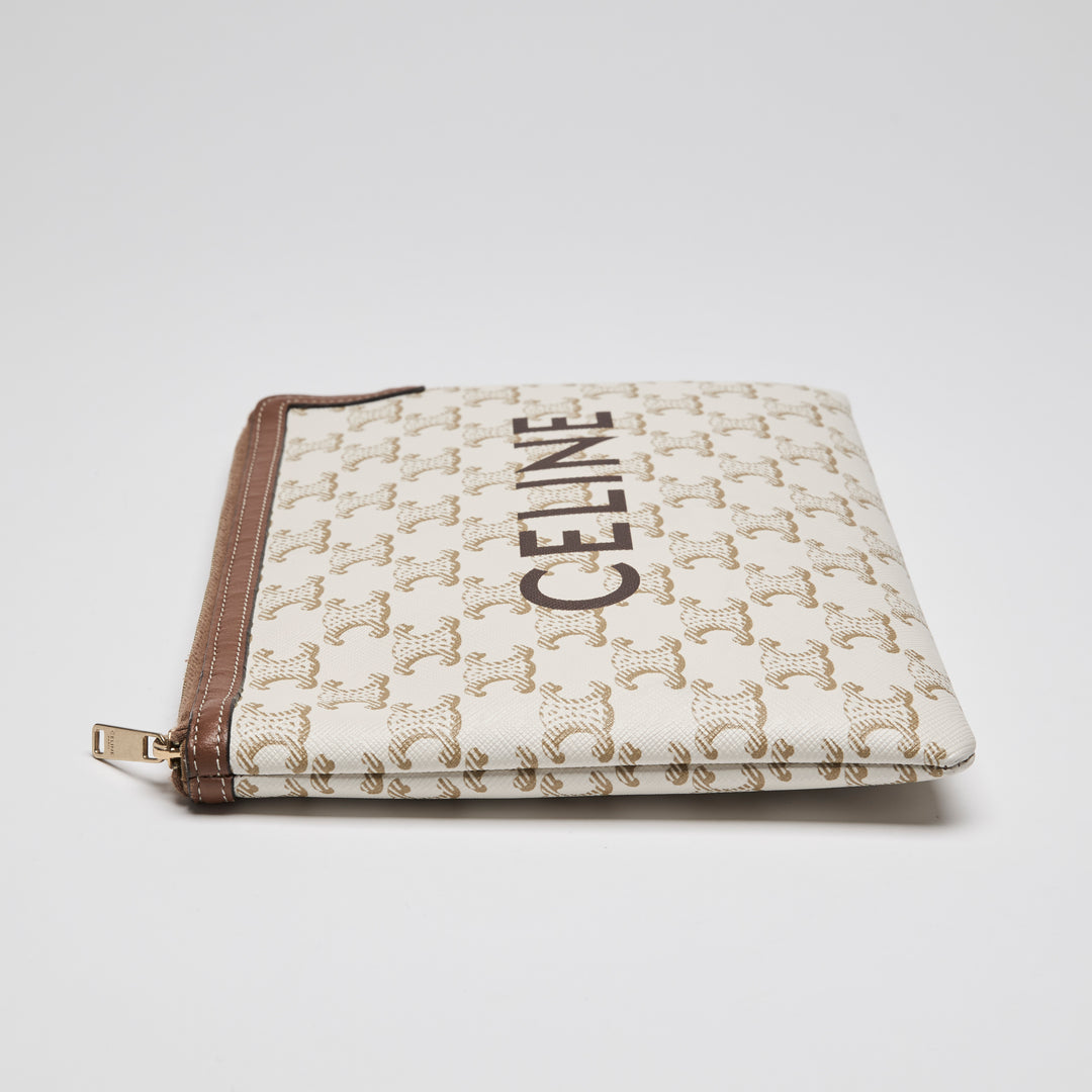 Celine Ivory Canvas & Tan Lambskin Leather Trim Triomphe Pouch