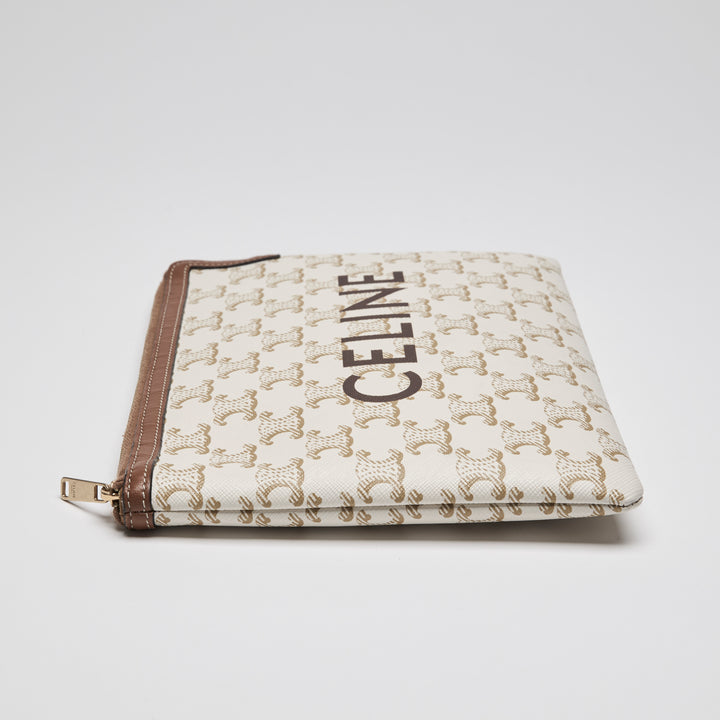 Celine Ivory Canvas & Tan Lambskin Leather Trim Triomphe Pouch