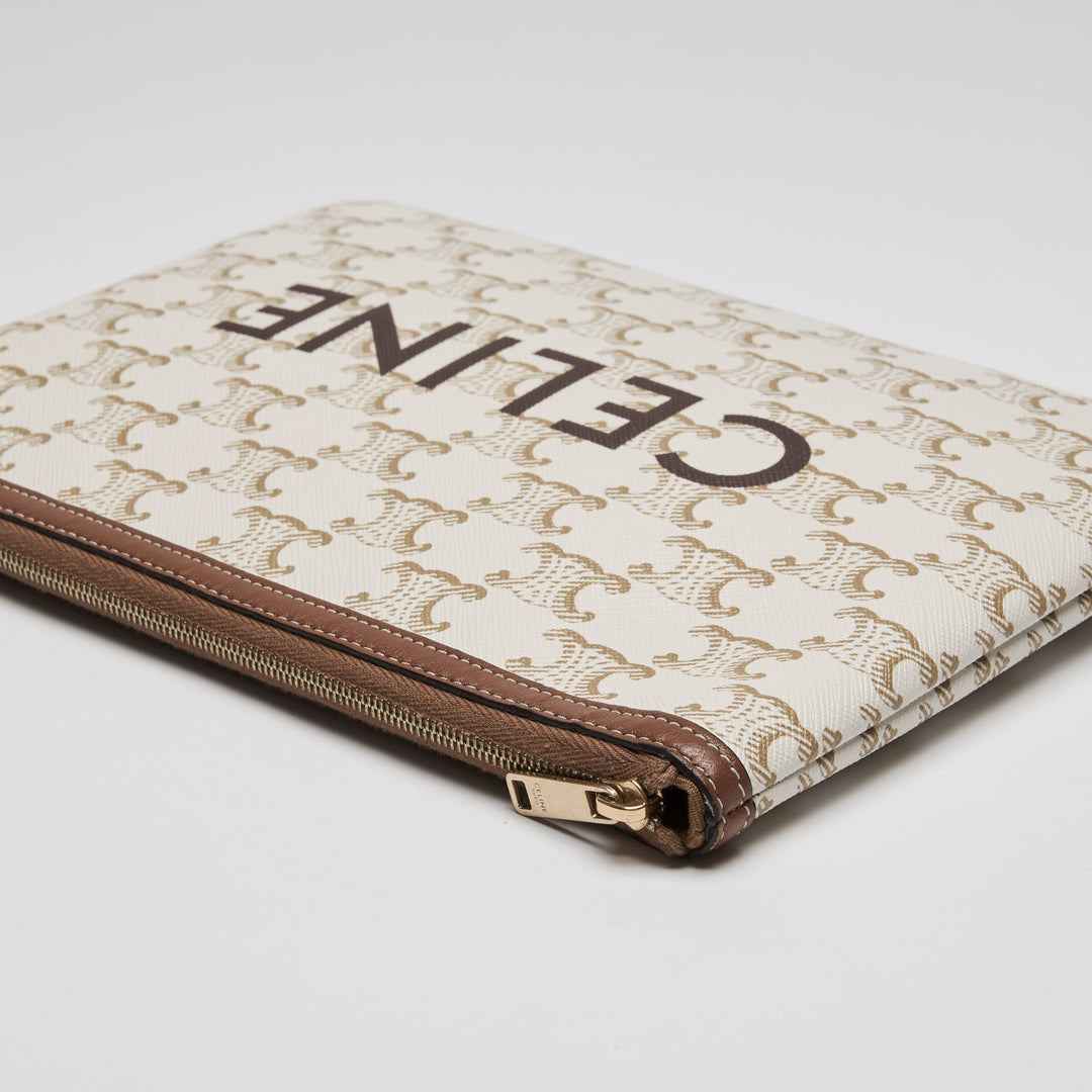 Celine Ivory Canvas & Tan Lambskin Leather Trim Triomphe Pouch