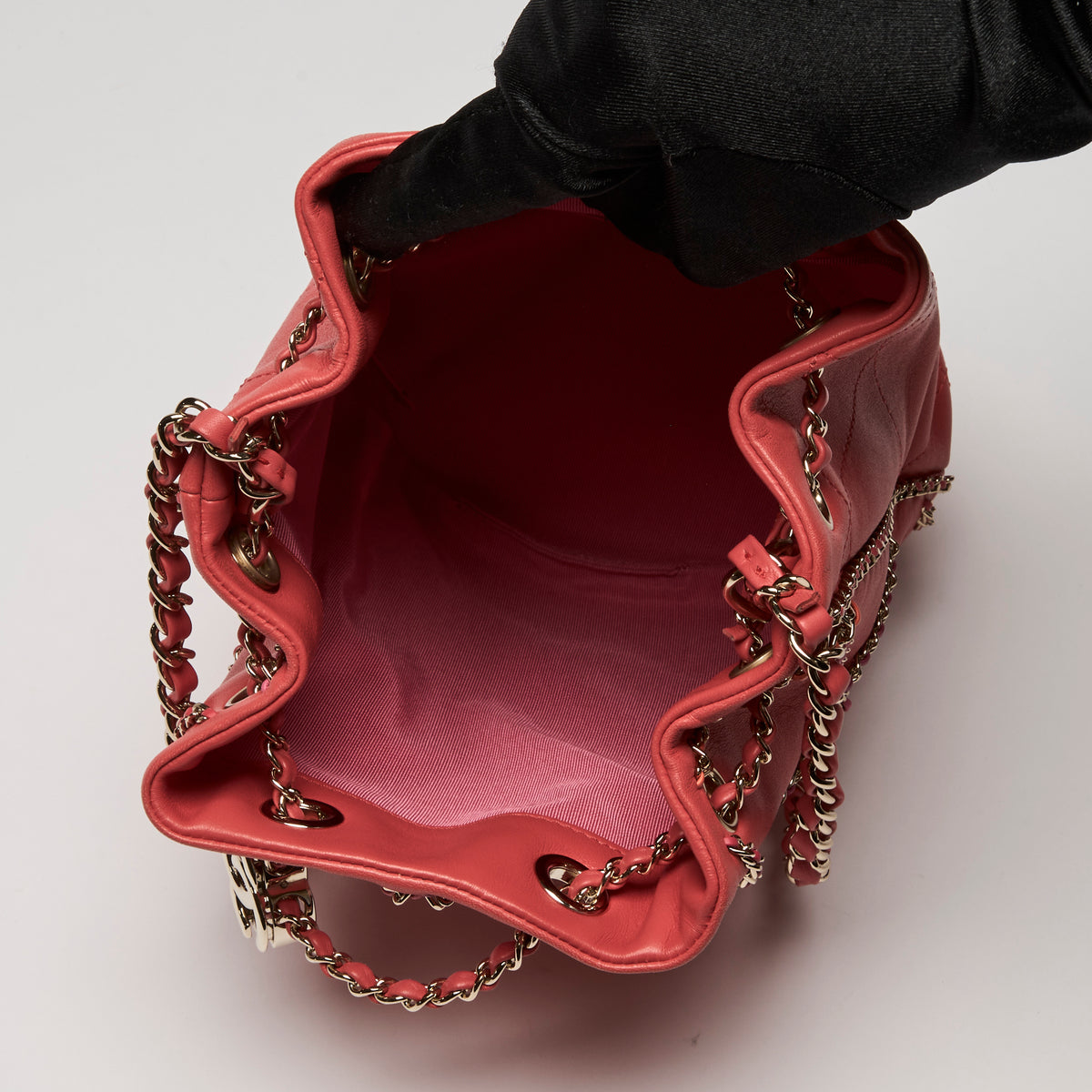 Pre-Loved Chanel™ Coral Leather Spring Summer 21 Chained Bucket Bag