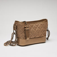 Excellent Pre-Loved Gold Tweed and Leather Top Zip Long Chain Bag (front)