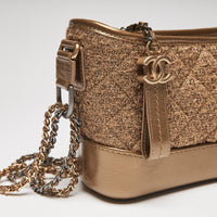 Excellent Pre-Loved Gold Tweed and Leather Top Zip Long Chain Bag (close up)