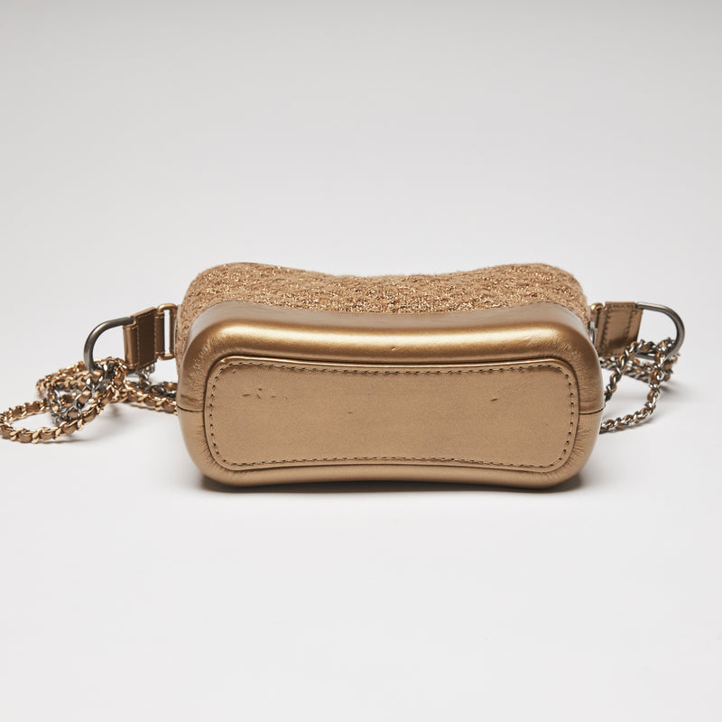 Excellent Pre-Loved Gold Tweed and Leather Top Zip Long Chain Bag(bottom)