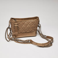Excellent Pre-Loved Gold Tweed and Leather Top Zip Long Chain Bag(front)