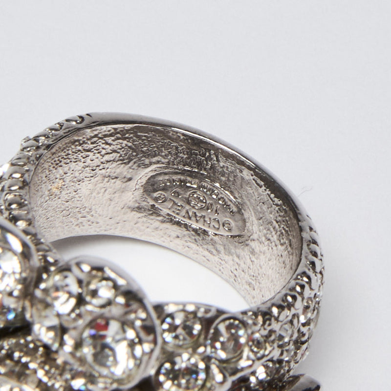 Pre-Loved™ Chanel Camelia Flower Strass Silver and Rinestone Ring