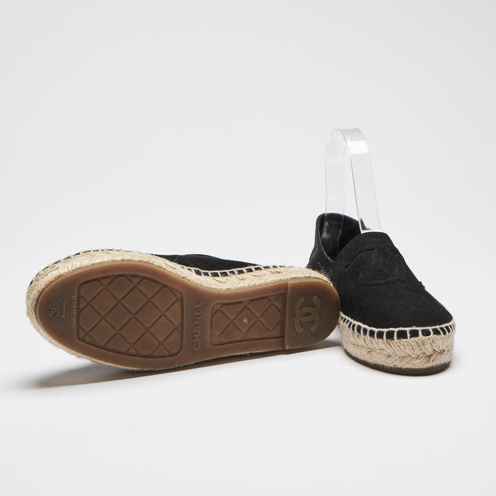 Excellent Pre-Loved Black Suede Espadrilles with Tonal Leather Lining. (bottom)
