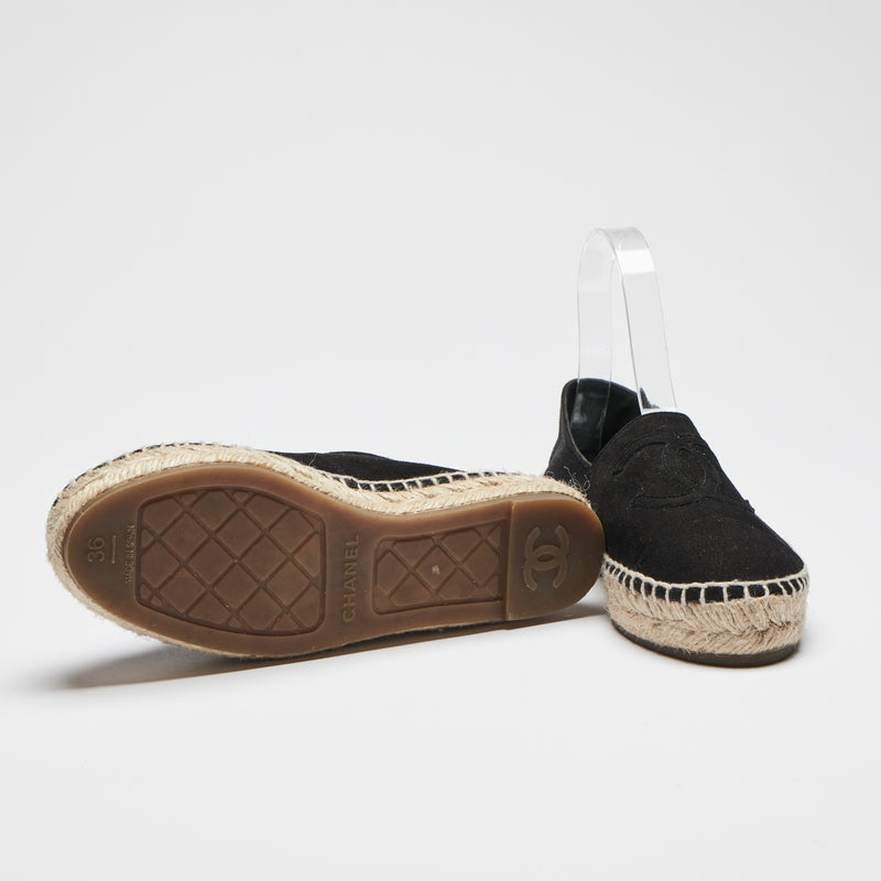 Excellent Pre-Loved Black Suede Espadrilles with Tonal Leather Lining. (bottom)