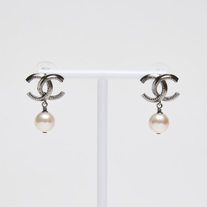 Chanel Silver Logo Pearl Drop Earrings