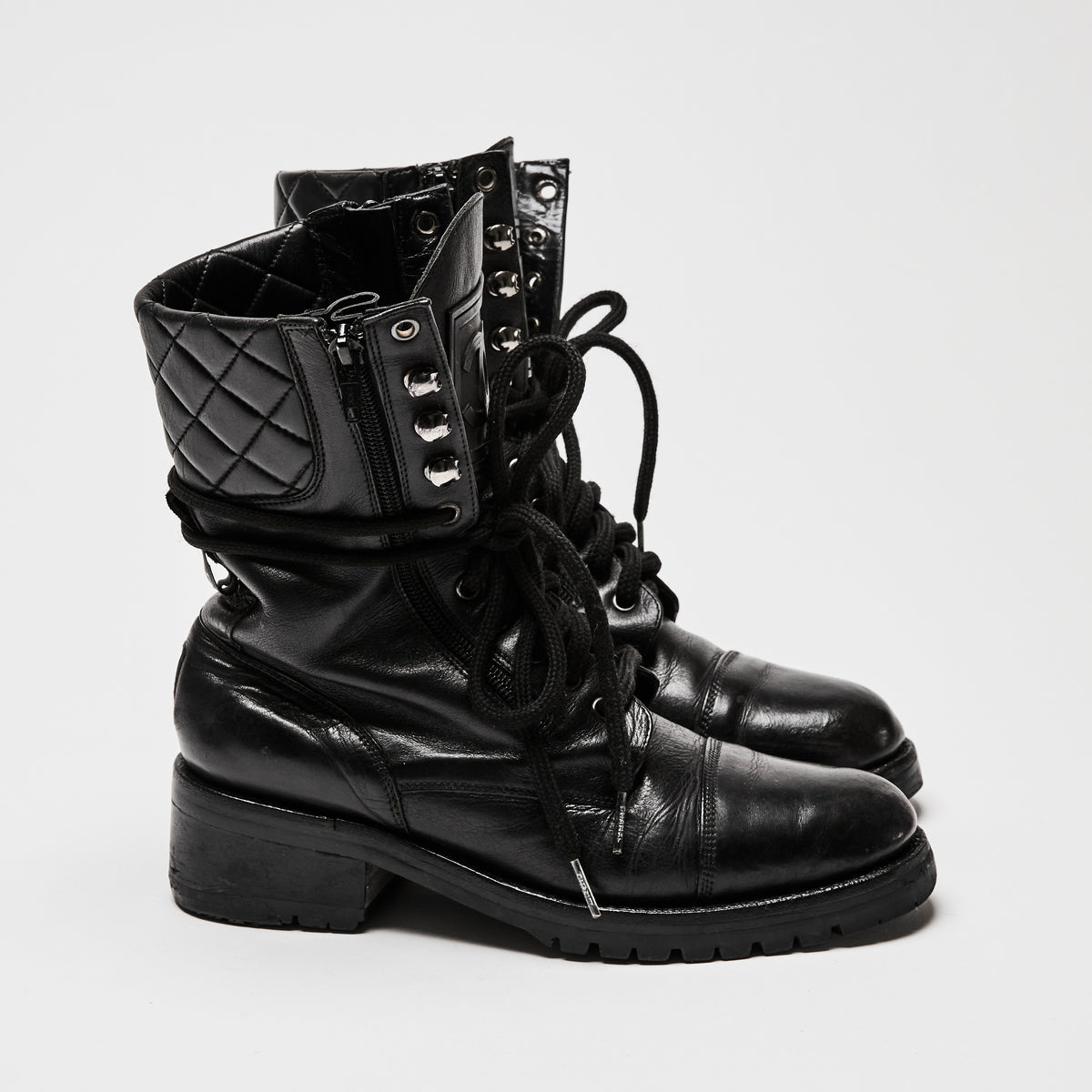 Pre-Loved Chanel™ Black Leather Combat Boots Size 38