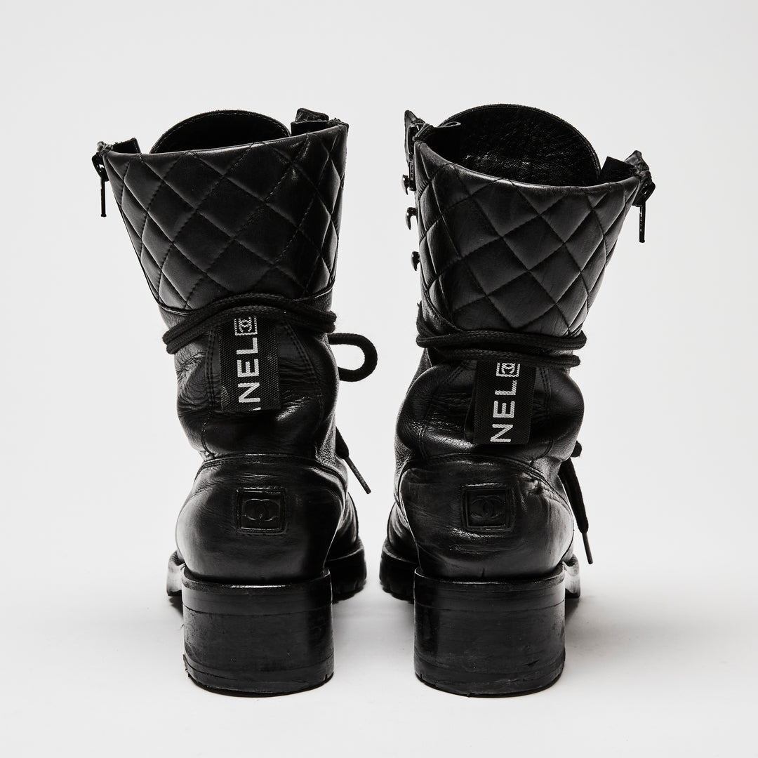 Pre-Loved Chanel™ Black Leather Combat Boots Size 38