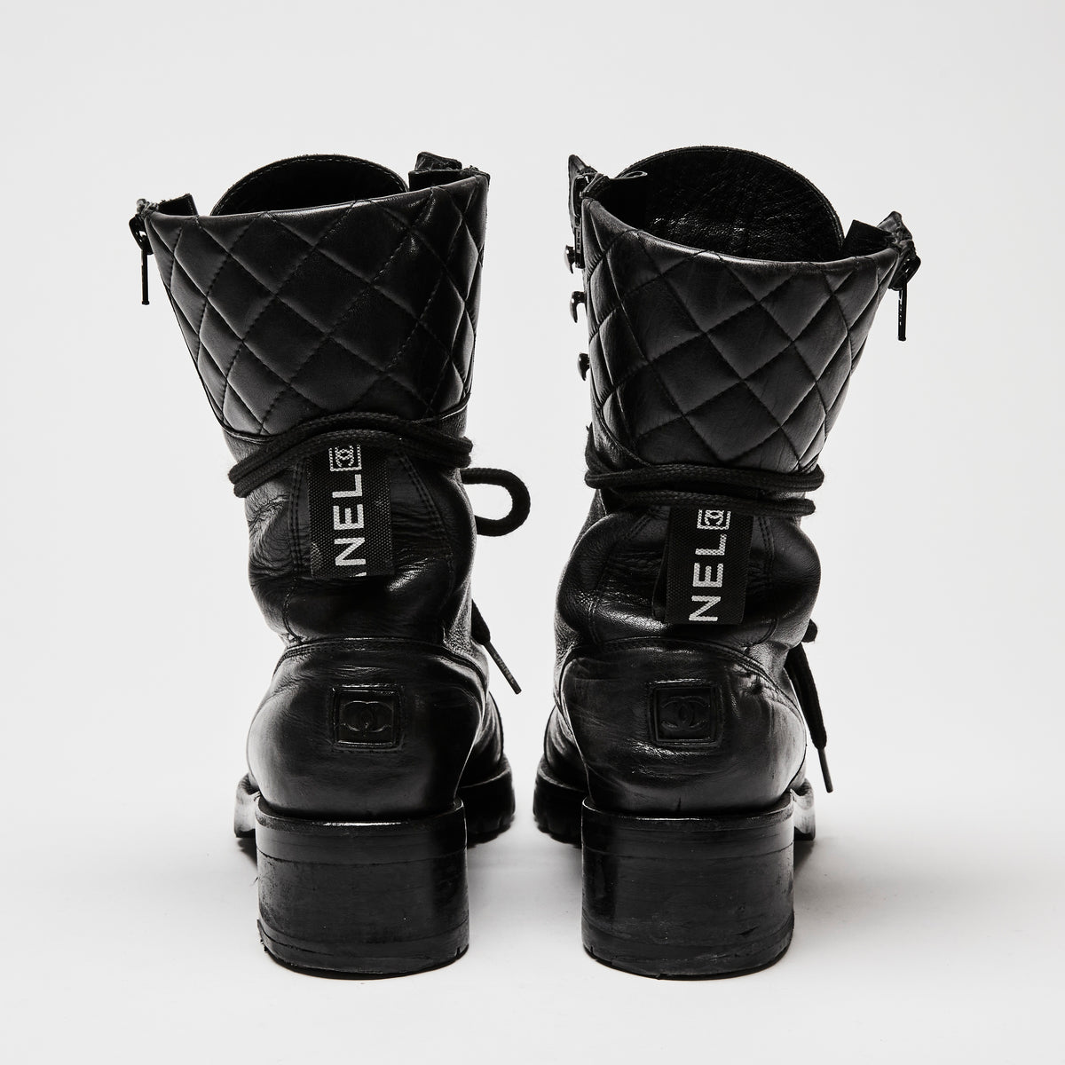 Pre-Loved Chanel™ Black Leather Combat Boots Size 38