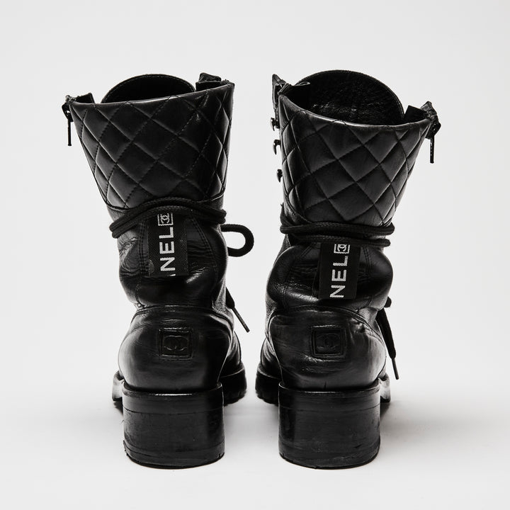 Pre-Loved Chanel™ Black Leather Combat Boots Size 38