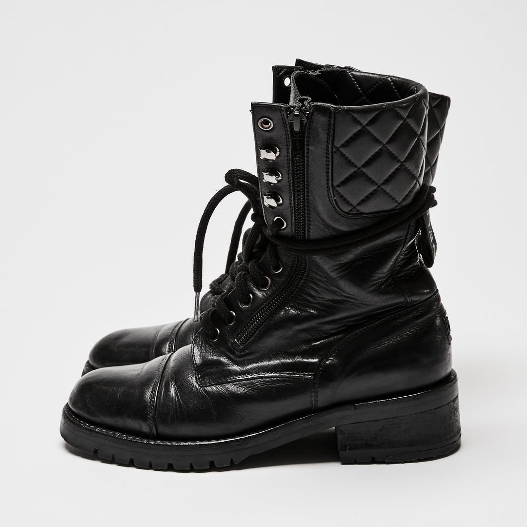 Pre-Loved Chanel™ Black Leather Combat Boots Size 38