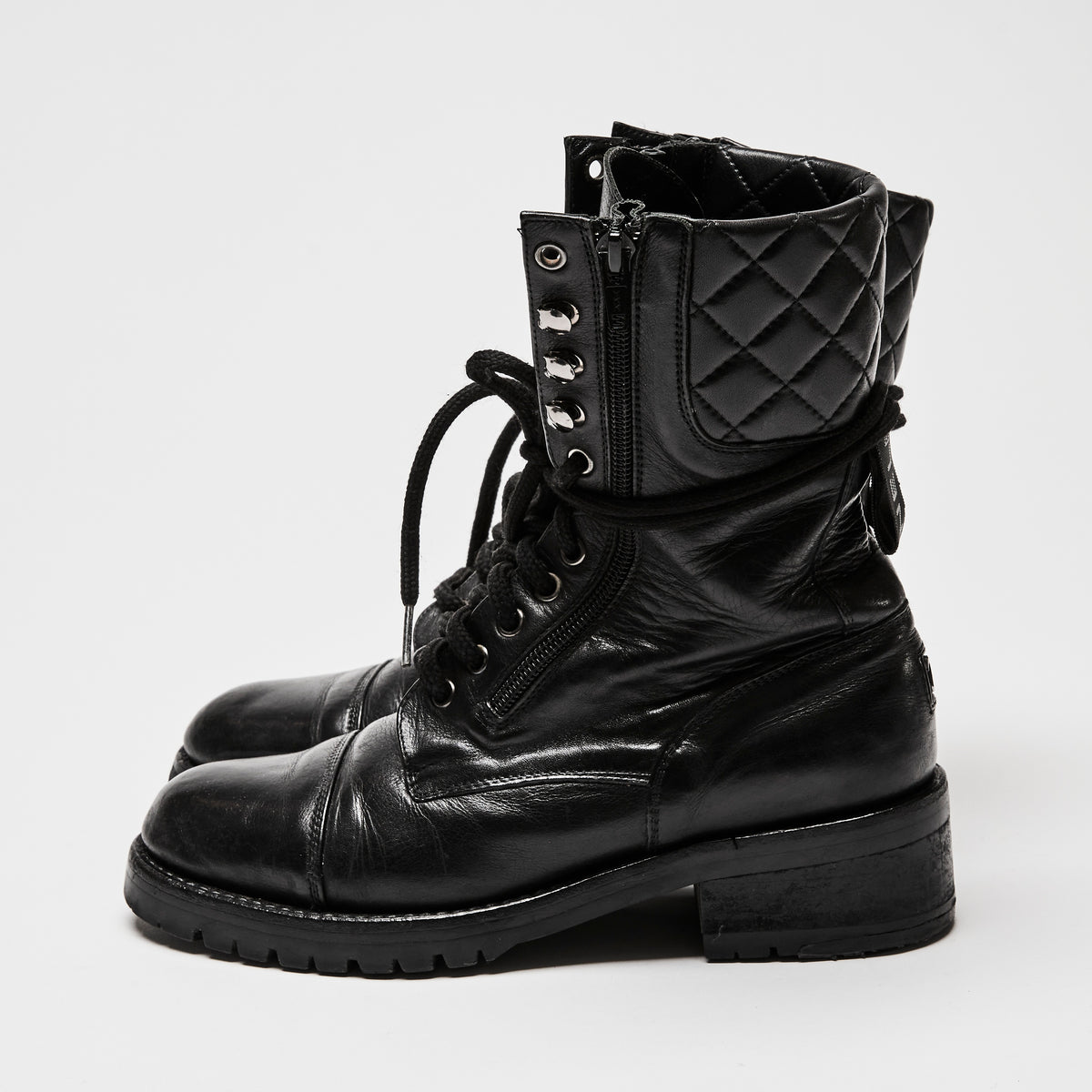 Pre-Loved Chanel™ Black Leather Combat Boots Size 38