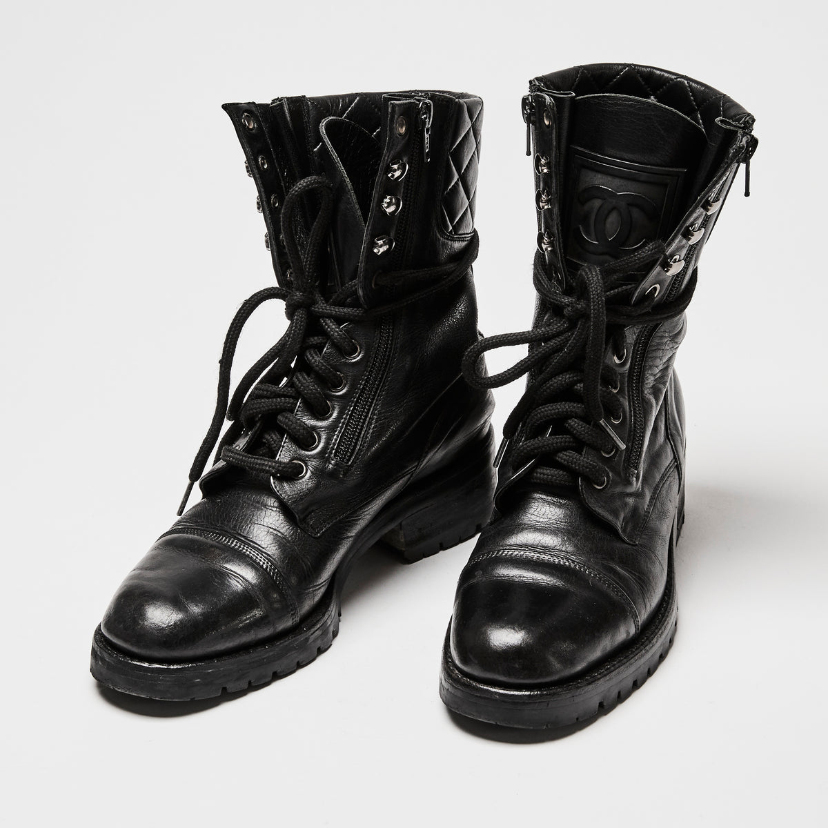 Pre-Loved Chanel™ Black Leather Combat Boots Size 38