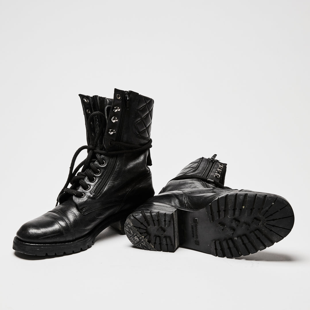 Pre-Loved Chanel™ Black Leather Combat Boots Size 38