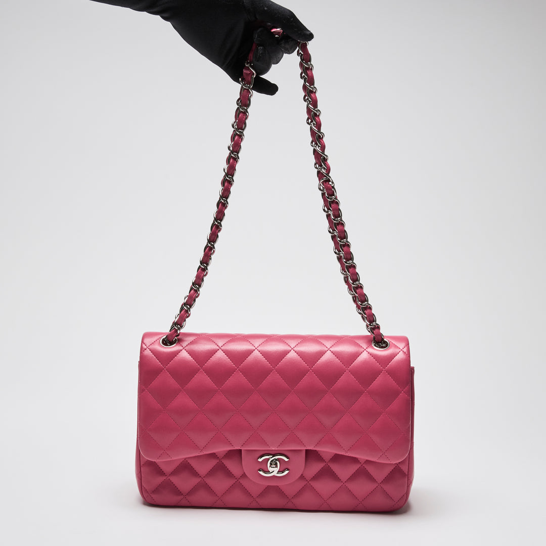 Pre-Loved Chanel™ Pink Lambskin Leather Large Classic Double Flap Bag