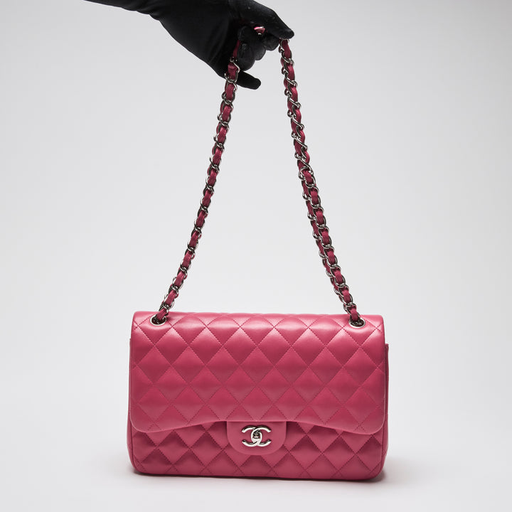 Pre-Loved Chanel™ Pink Lambskin Leather Large Classic Double Flap Bag