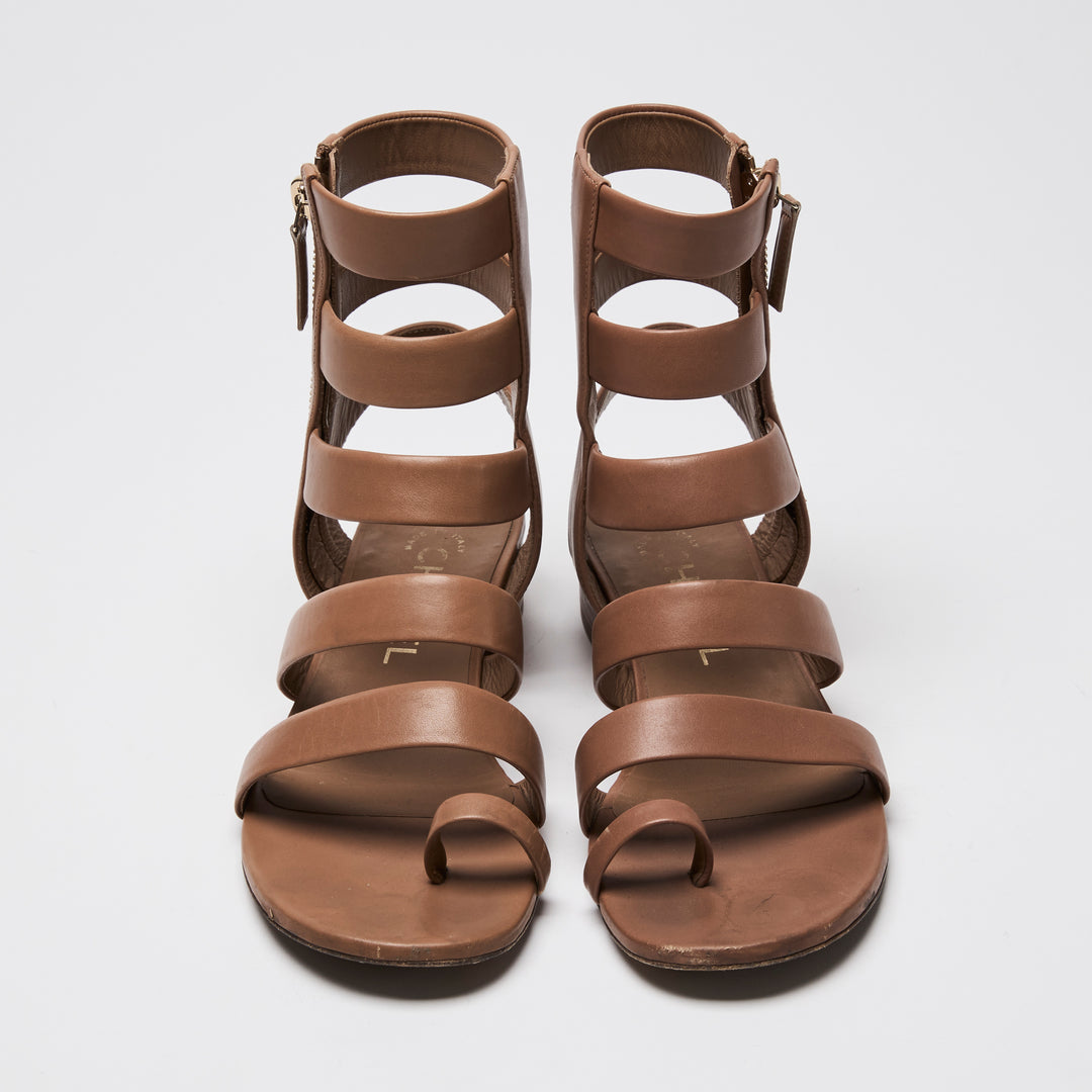 Pre-Loved Chanel™ Tan Calfskin Leather Gladiator Zip Sandals Size 36.5