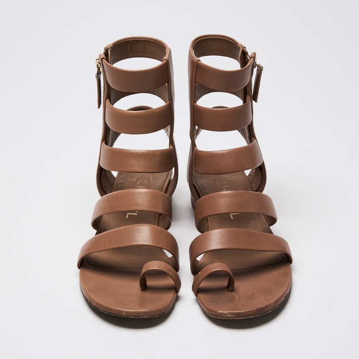 Pre-Loved Chanel™ Tan Calfskin Leather Gladiator Zip Sandals Size 36.5