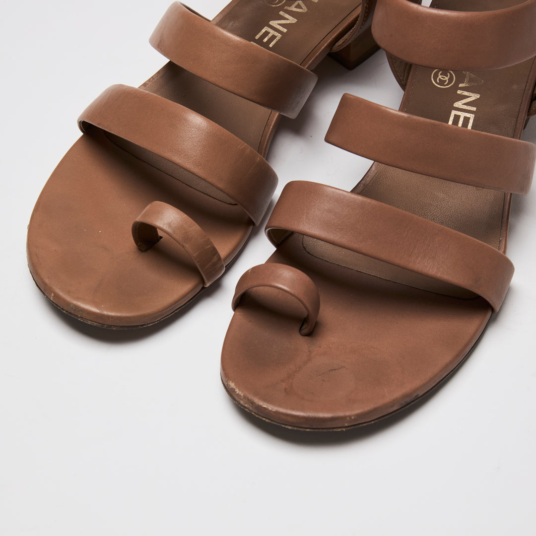 Pre-Loved Chanel™ Tan Calfskin Leather Gladiator Zip Sandals Size 36.5