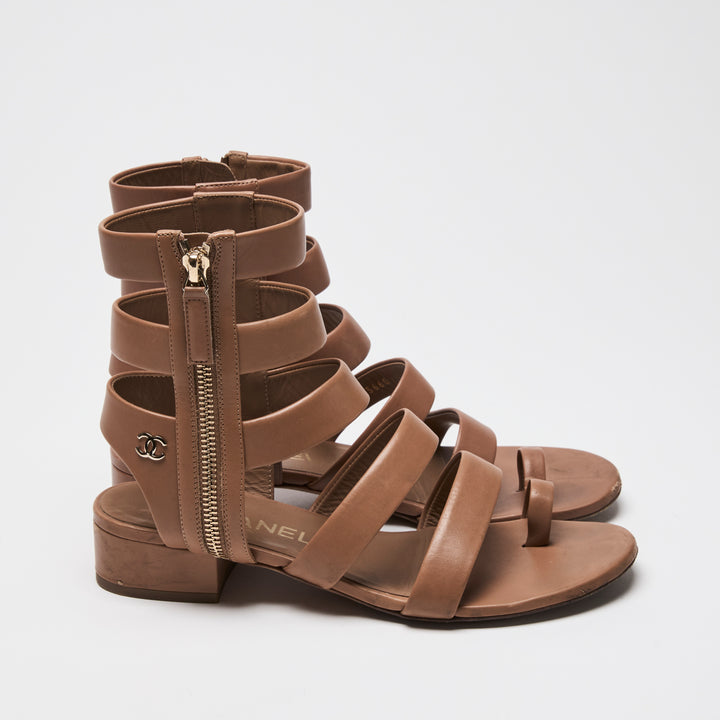 Pre-Loved Chanel™ Tan Calfskin Leather Gladiator Zip Sandals Size 36.5