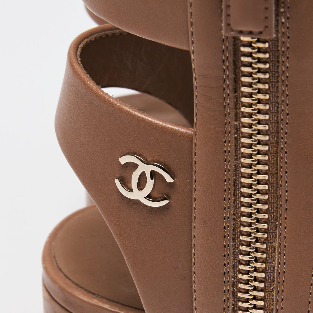 Pre-Loved Chanel™ Tan Calfskin Leather Gladiator Zip Sandals Size 36.5