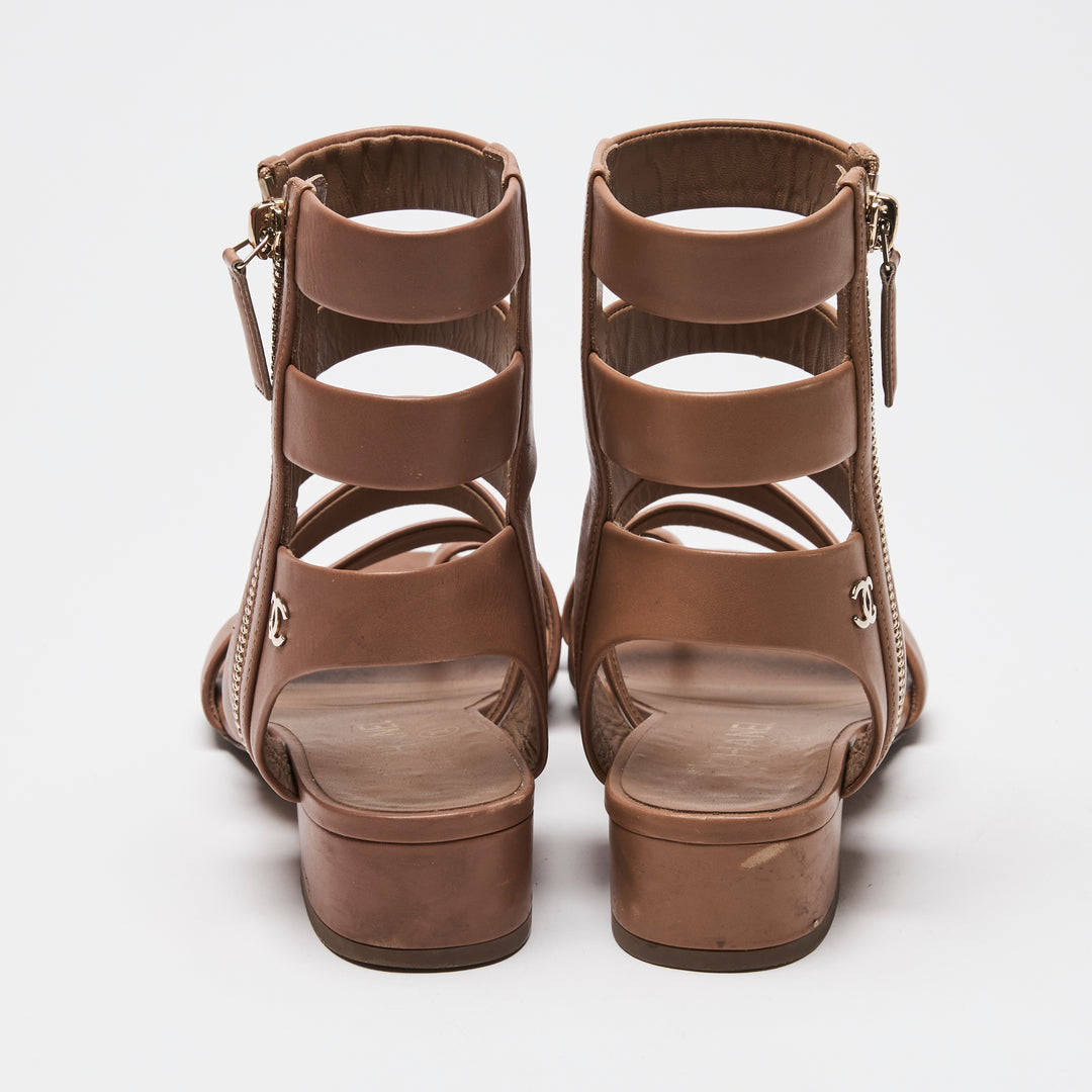 Pre-Loved Chanel™ Tan Calfskin Leather Gladiator Zip Sandals Size 36.5
