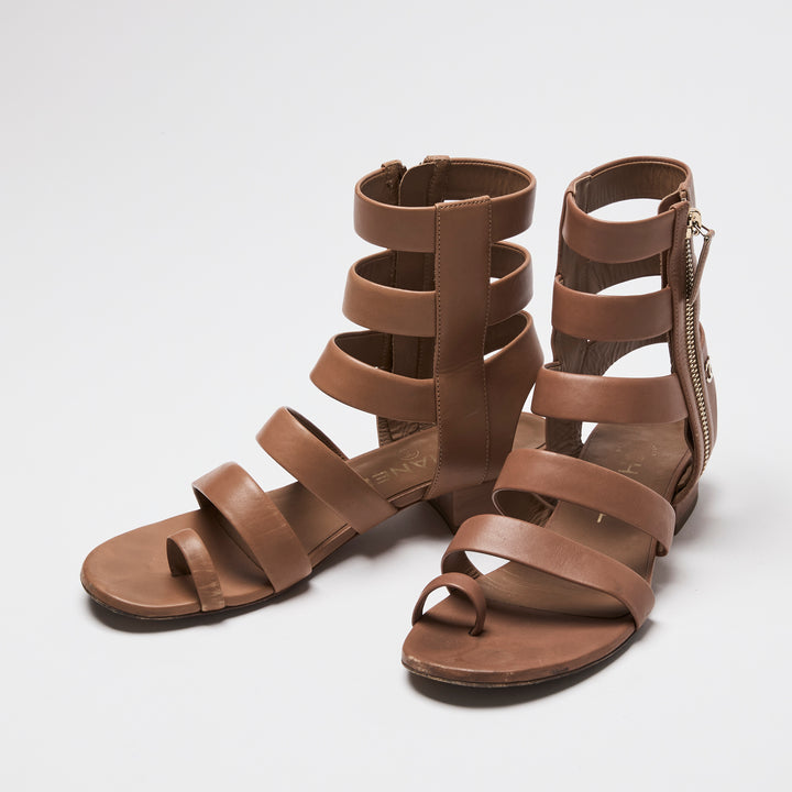 Pre-Loved Chanel™ Tan Calfskin Leather Gladiator Zip Sandals Size 36.5