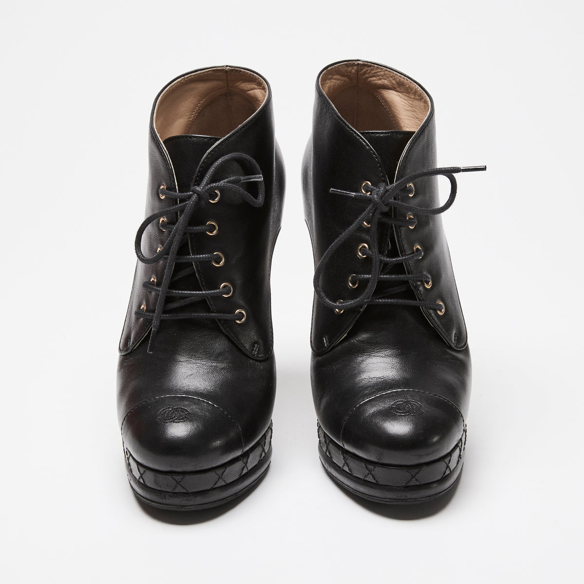 Pre-Loved Chanel™ Black Calfskin Leather Platform Heel Boots Size 38