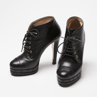 Pre-Loved Chanel™ Black Calfskin Leather Platform Heel Boots Size 38