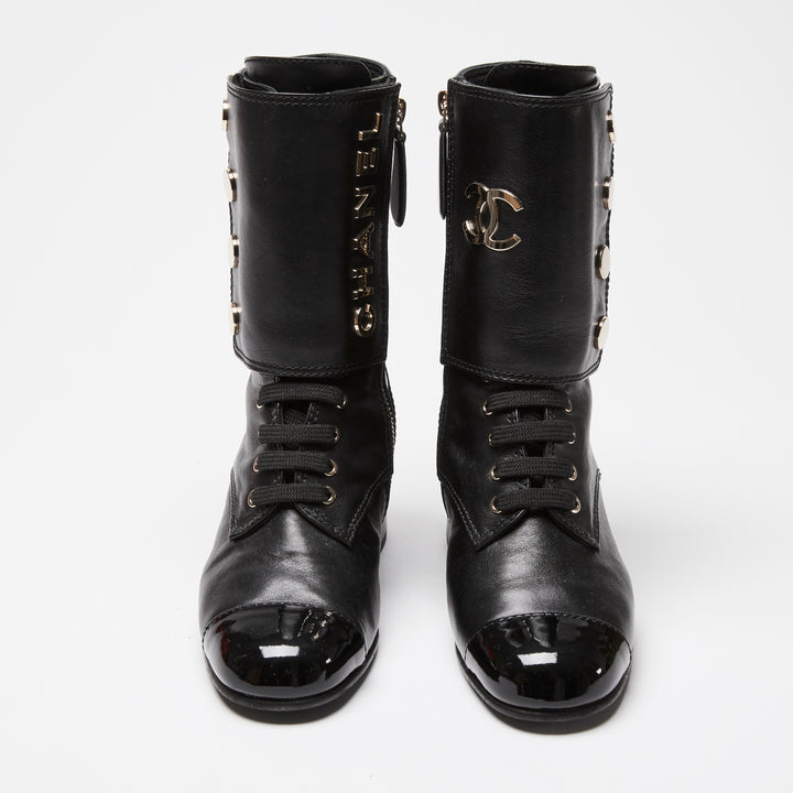 Pre-Loved Chanel™ Black Calf Leather Logo Zipped Combat Boots Size 36C