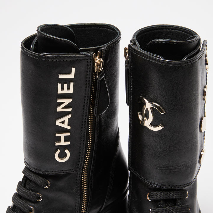 Pre-Loved Chanel™ Black Calf Leather Logo Zipped Combat Boots Size 36C