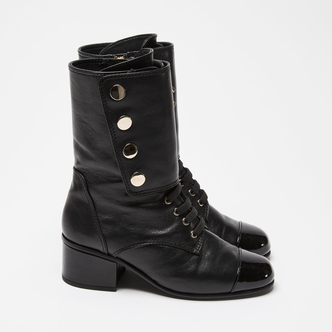 Pre-Loved Chanel™ Black Calf Leather Logo Zipped Combat Boots Size 36C