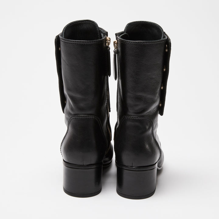 Pre-Loved Chanel™ Black Calf Leather Logo Zipped Combat Boots Size 36C