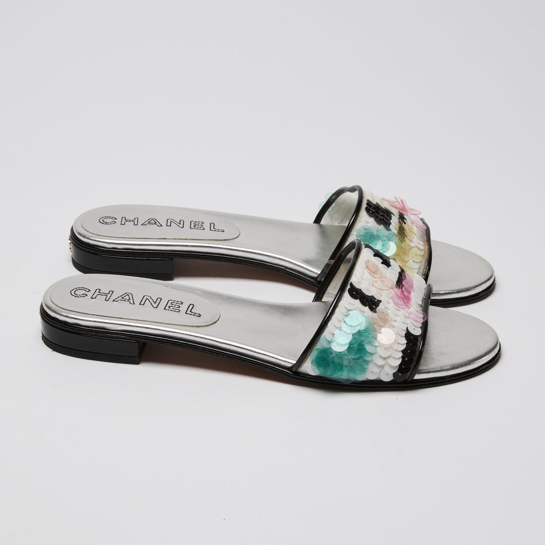 Pre-Loved Chanel™ Metallic Silver Multicolour Sequin Sandals Size 38