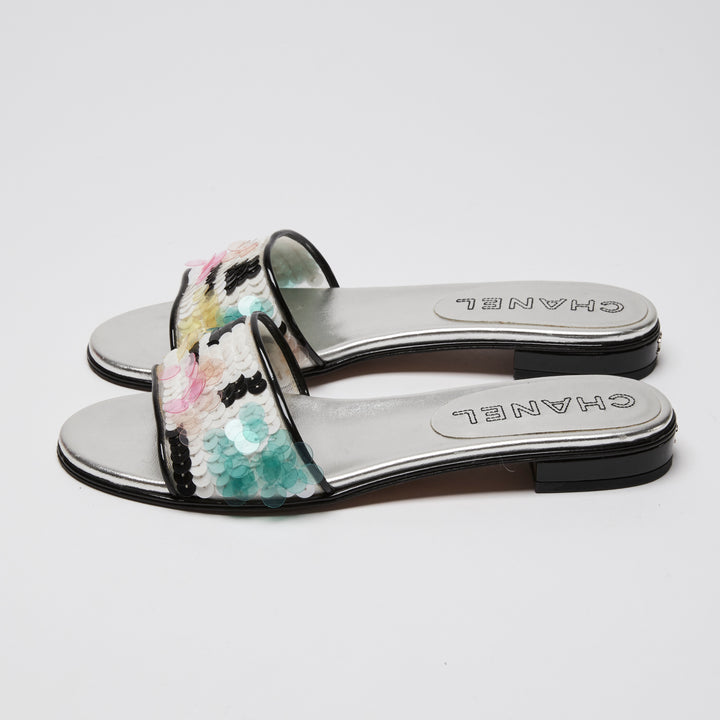 Pre-Loved Chanel™ Metallic Silver Multicolour Sequin Sandals Size 38