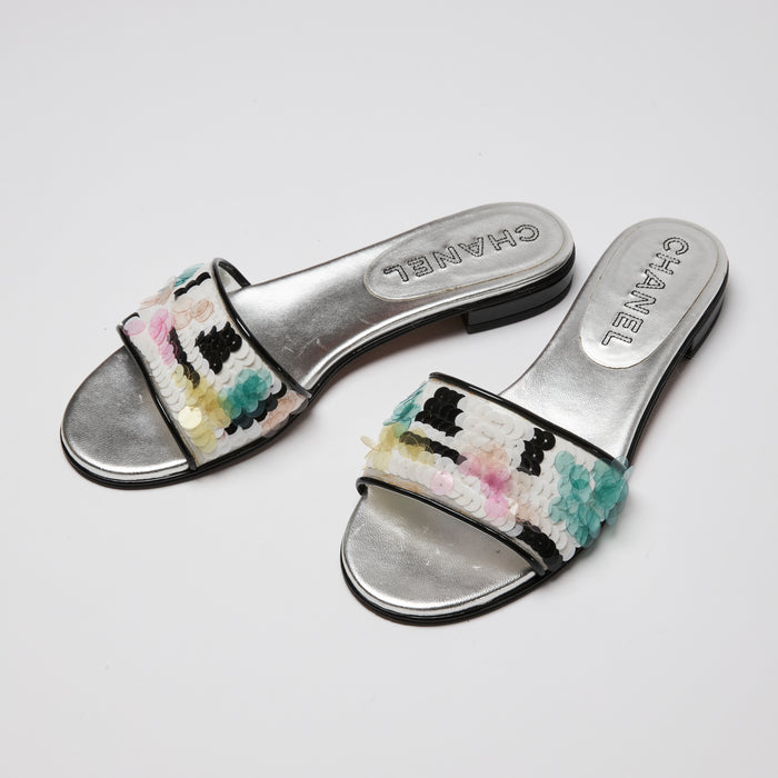 Pre-Loved Chanel™ Metallic Silver Multicolour Sequin Sandals Size 38