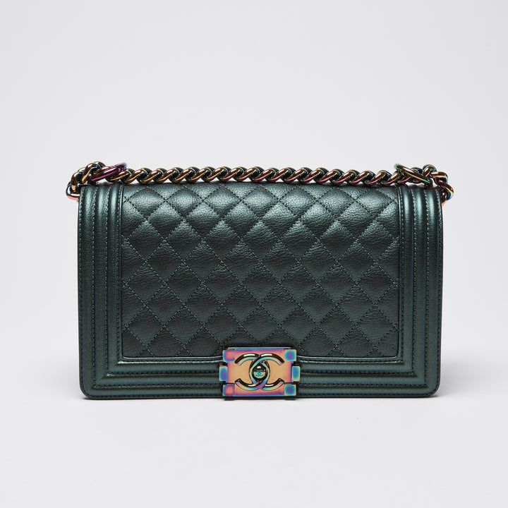 Pre-Loved Chanel™ Metallic Green Iridescent Calfskin Leather Medium Boy Bag
