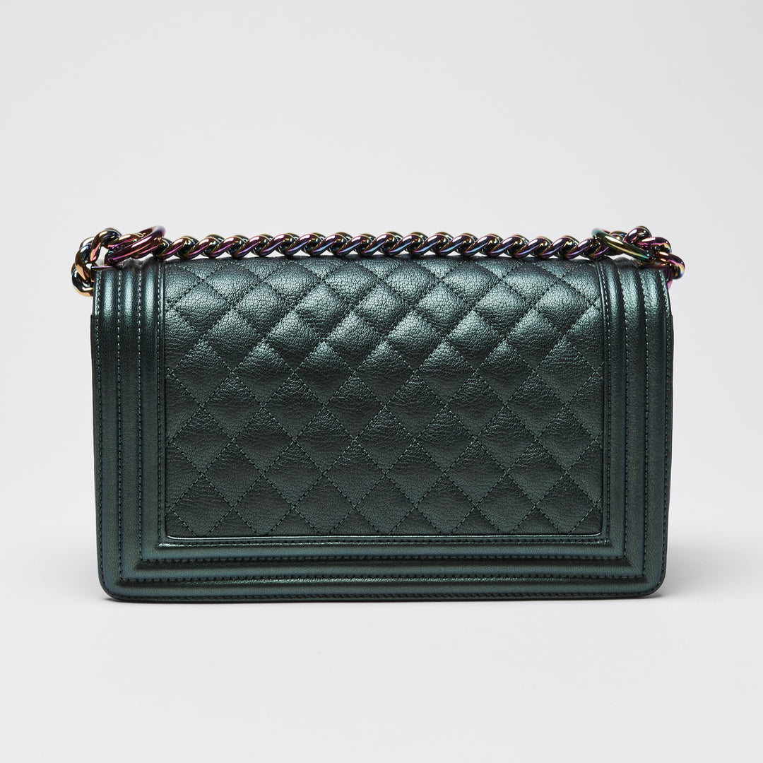 Pre-Loved Chanel™ Metallic Green Iridescent Calfskin Leather Medium Boy Bag