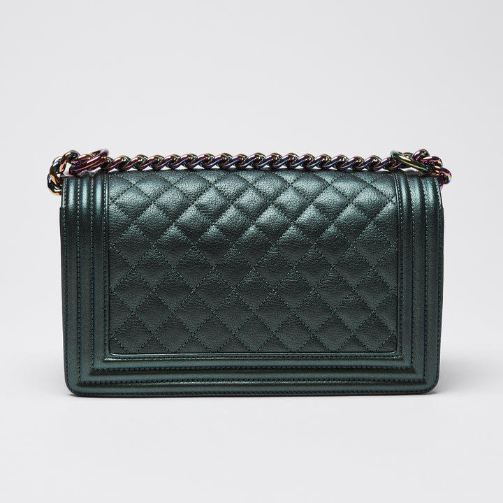 Pre-Loved Chanel™ Metallic Green Iridescent Calfskin Leather Medium Boy Bag