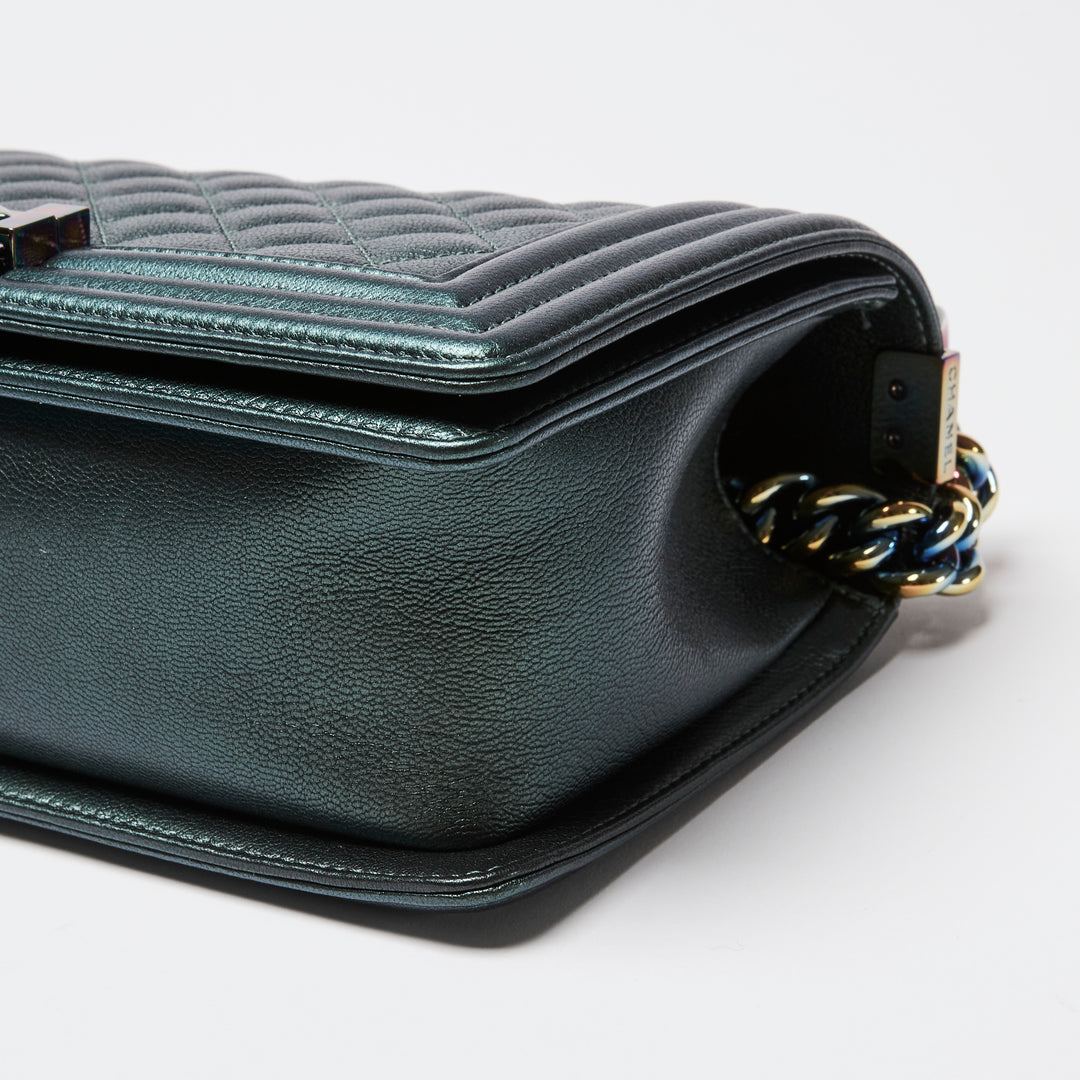 Pre-Loved Chanel™ Metallic Green Iridescent Calfskin Leather Medium Boy Bag