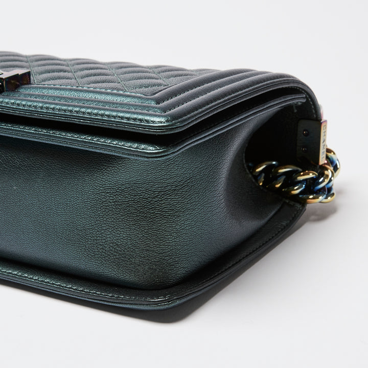 Pre-Loved Chanel™ Metallic Green Iridescent Calfskin Leather Medium Boy Bag