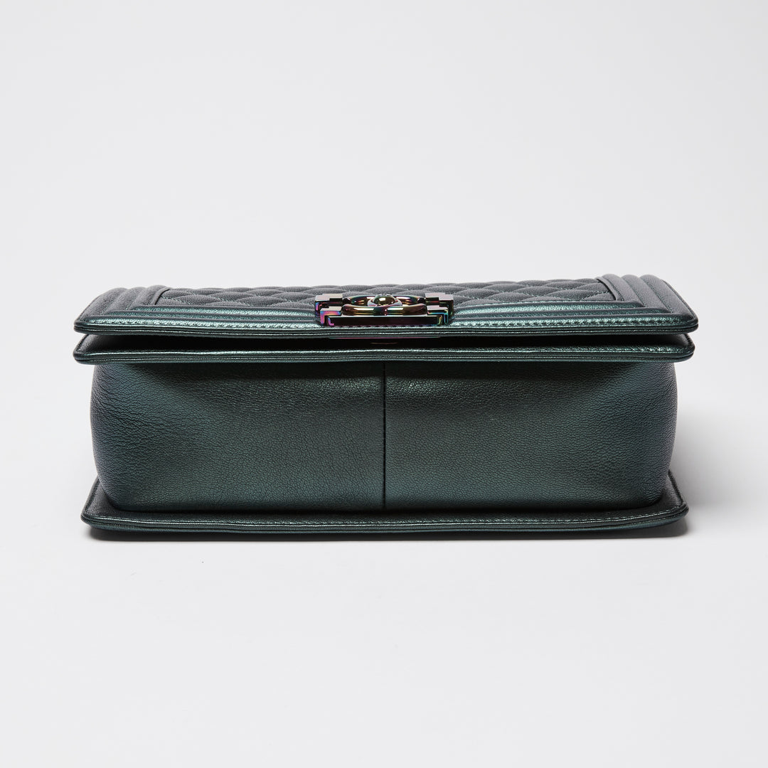 Pre-Loved Chanel™ Metallic Green Iridescent Calfskin Leather Medium Boy Bag