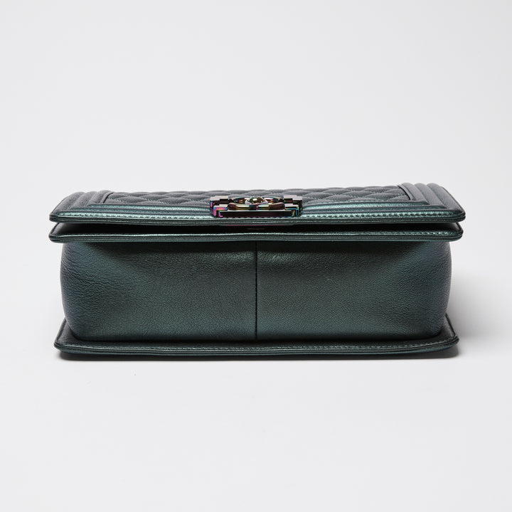 Pre-Loved Chanel™ Metallic Green Iridescent Calfskin Leather Medium Boy Bag