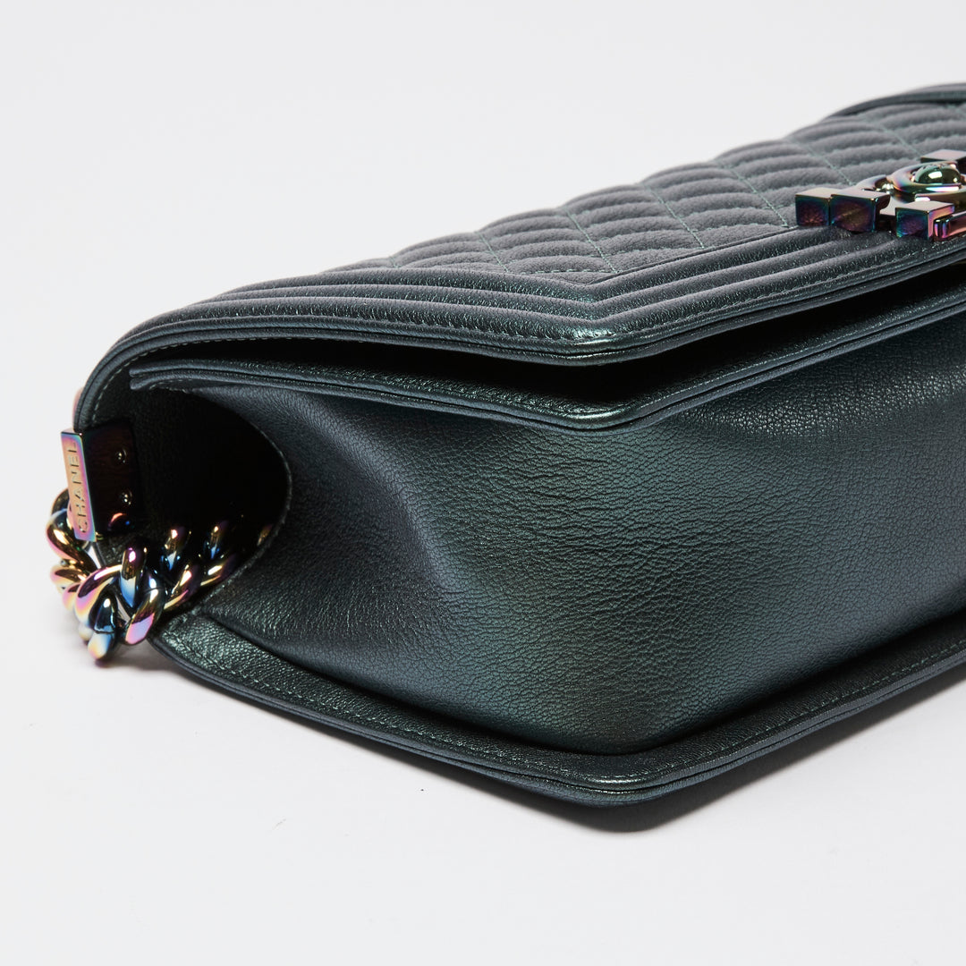Pre-Loved Chanel™ Metallic Green Iridescent Calfskin Leather Medium Boy Bag