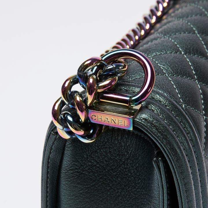 Pre-Loved Chanel™ Metallic Green Iridescent Calfskin Leather Medium Boy Bag