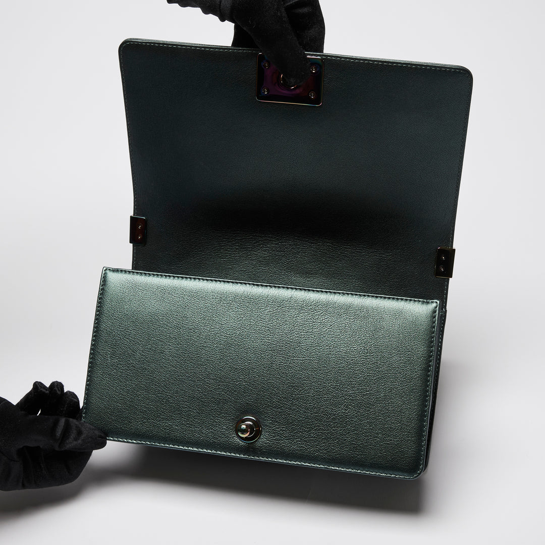 Pre-Loved Chanel™ Metallic Green Iridescent Calfskin Leather Medium Boy Bag