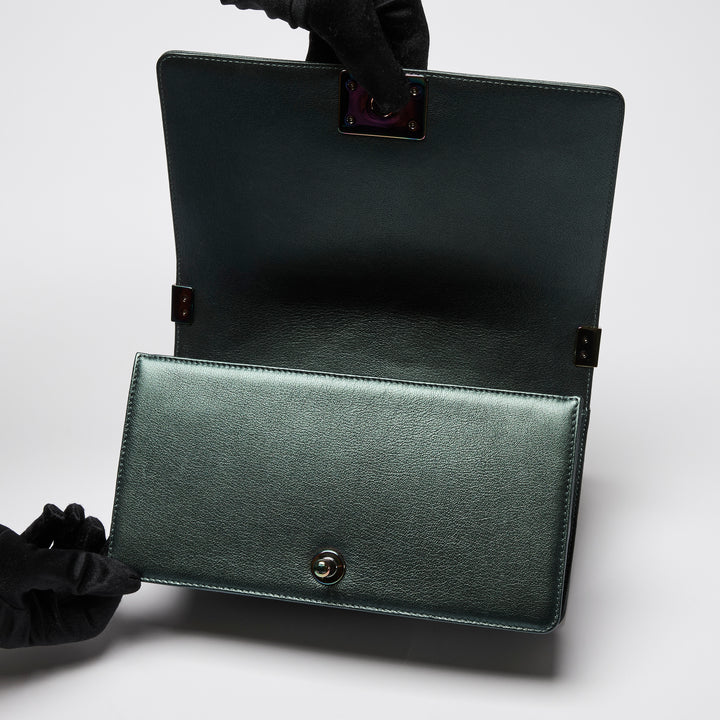 Pre-Loved Chanel™ Metallic Green Iridescent Calfskin Leather Medium Boy Bag