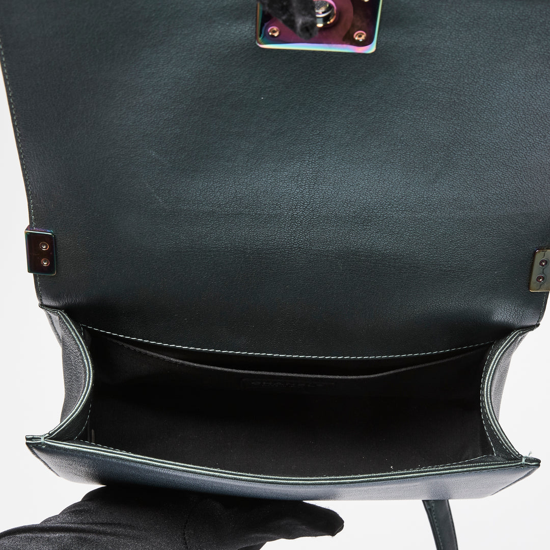 Pre-Loved Chanel™ Metallic Green Iridescent Calfskin Leather Medium Boy Bag